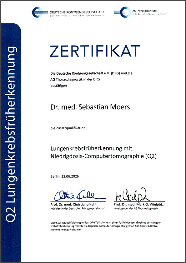 Zertifikat Dr. Moers Lungenkrebsfrüherkennung